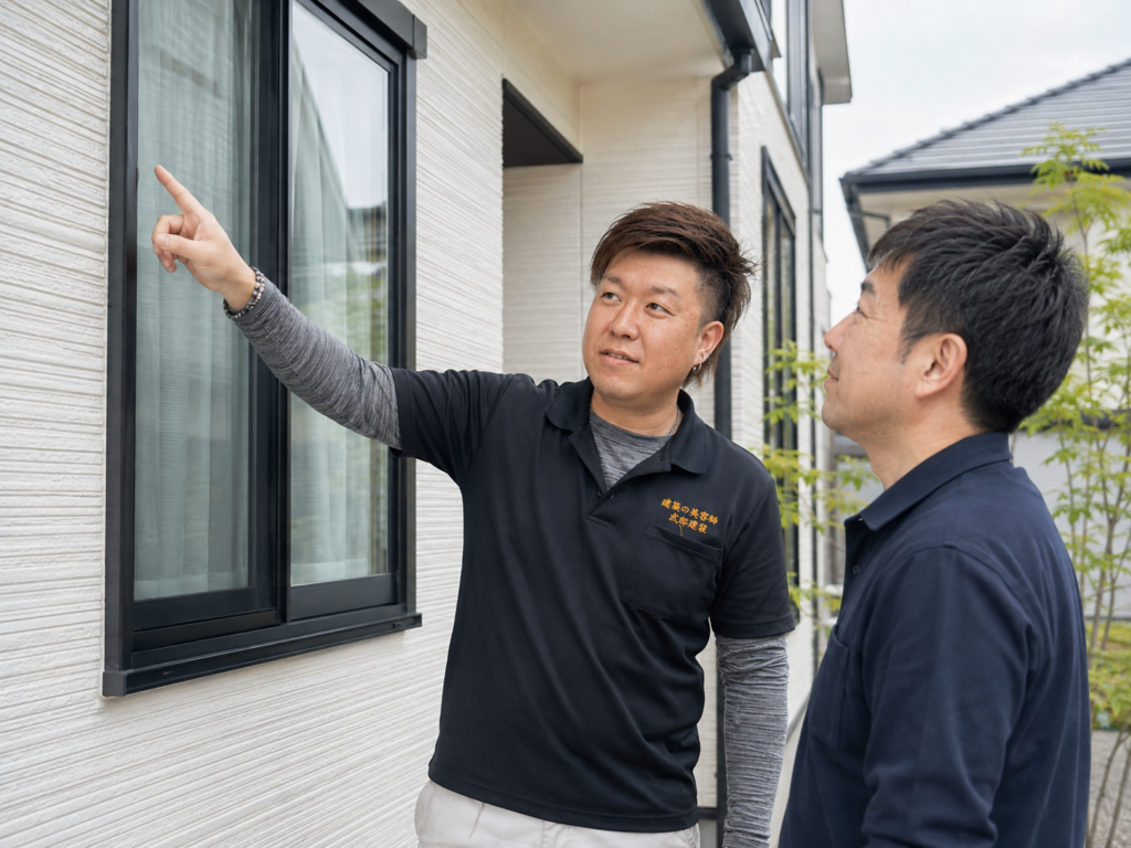 お客様と住宅の外壁を確認する式部建装代表 式部遼